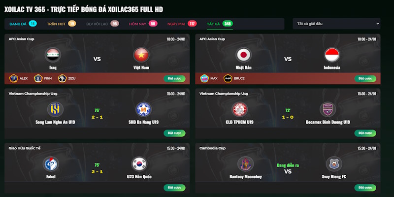 Giao diện trực tiếp bóng đá của Xoilac TV với đa dạng giải đấu
